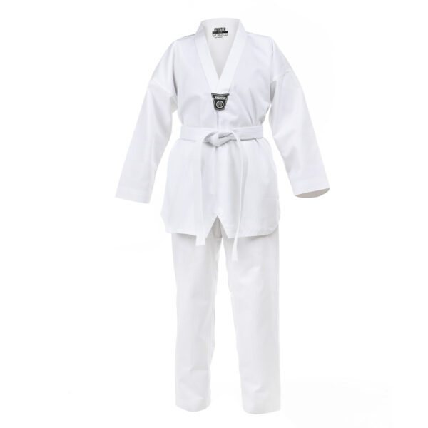 Sortbeltedrakt Taekwondo hvit Fighter med klubbmerke